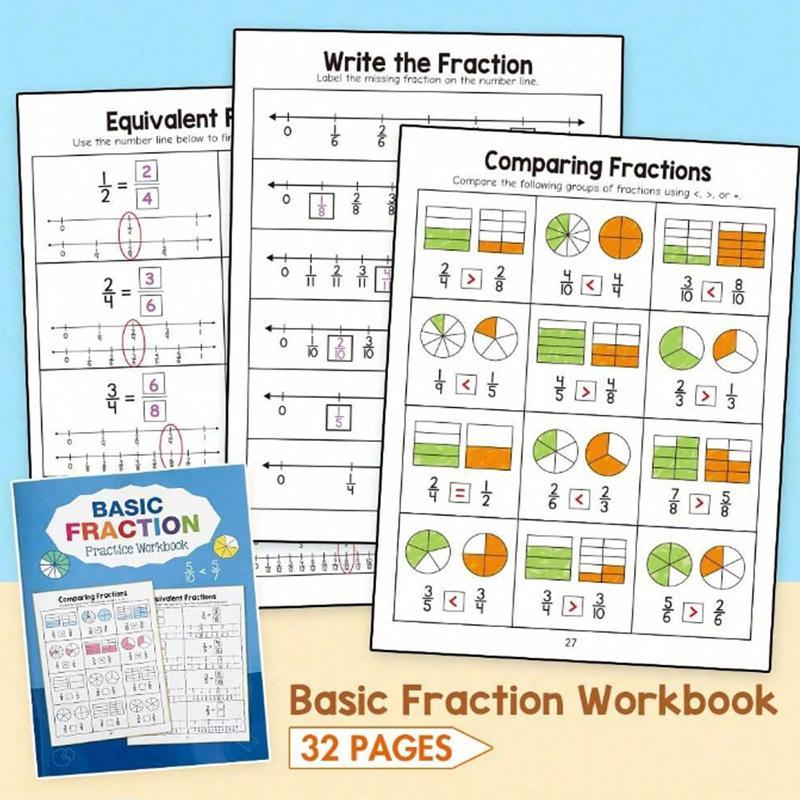 Basic Fraction Learning Workbook for Grades 3-4, Durable Paper Material with Rich Illustrations, Educational Tool for Teenagers, Math Practice Book, Visual Learning Tools