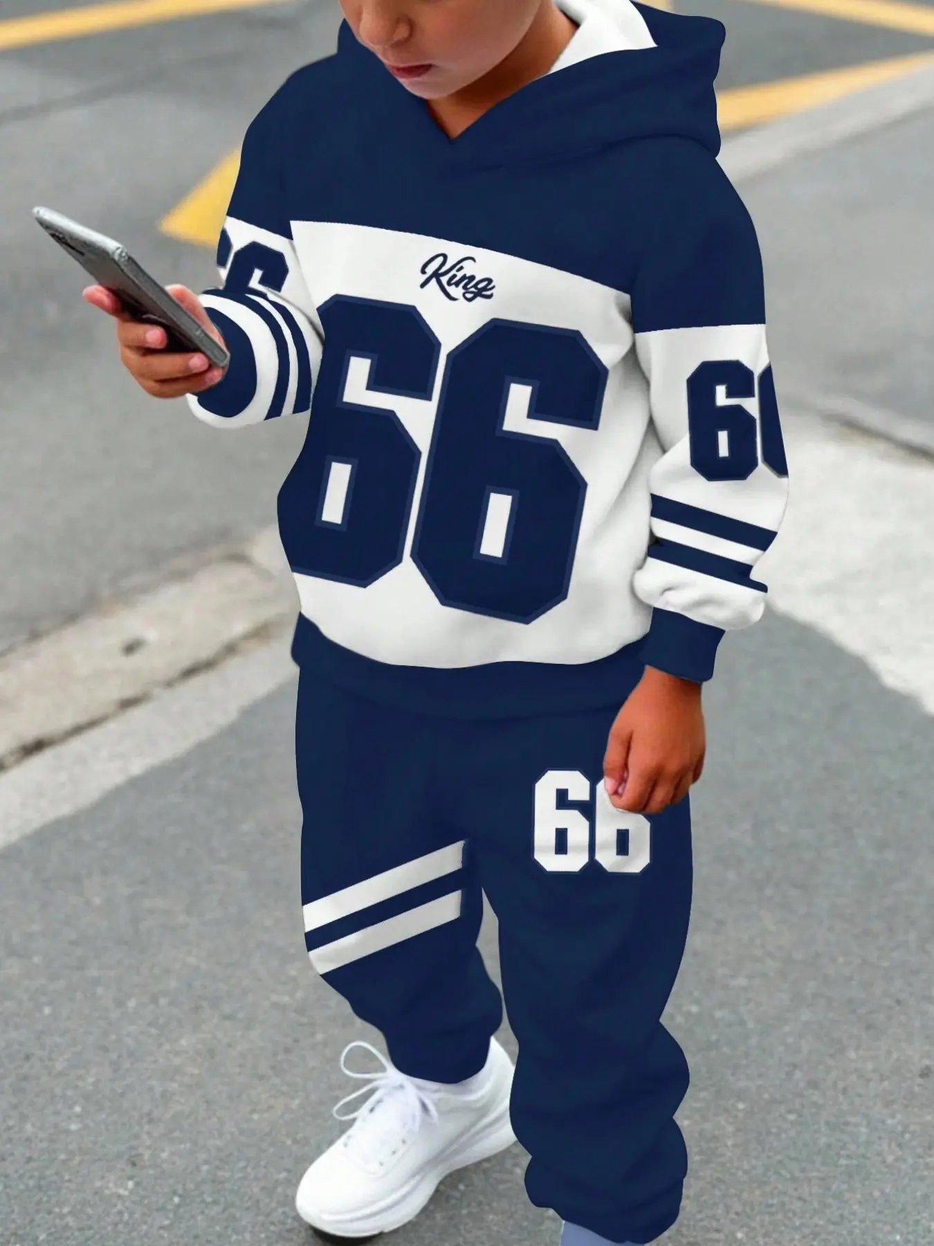 Boys' Racing Motorcycle Style Hooded Set, Multi-Color Kids Printed Sweatshirt and Pants Two-Piece Set, Trendy Sports for Fall & Winter