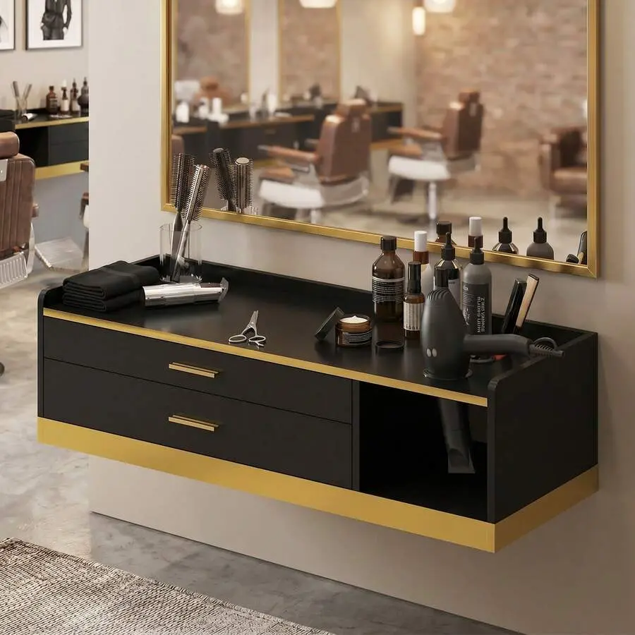 39.4" Mount Salon Stations Hair Stylist, Professional Floating Barber Desk with Gold Accent, 2 Drawers & 3 Tool Holders, Modern Styling Station with Storage for Barbershops, Beauty &    （Translation note: The sentence contains multiple product description