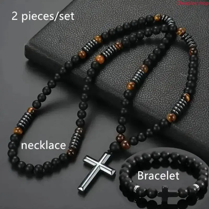 2026 2pcs Bohemian Style Cross Pendant Necklaces for Men & Women - Matte Black & Tiger Eye Stones, Natural Stone Beads, Versatile for Daily Wear & Formal Events, Versatile Jewelry, Avant-Garde Necklace, Intricate Beadwork