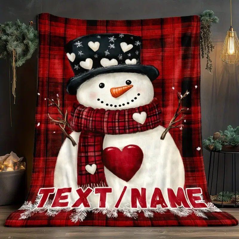 1Pc Custom Name Christmas Snowman Blanket - Flannel Blanket for Sofa, Outdoor, Camping, Living Room, Office, Chairs and Beds - Digital Printed Soft Warm Flannel Blanket for Winter Warmth, available in four sizes
