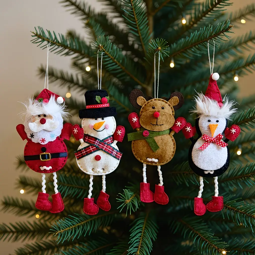 Set of 4 Christmas Long-Legged Decorative Ornaments, Santa Claus, Snowman, Reindeer, Penguin Designs, Hang on Christmas Tree