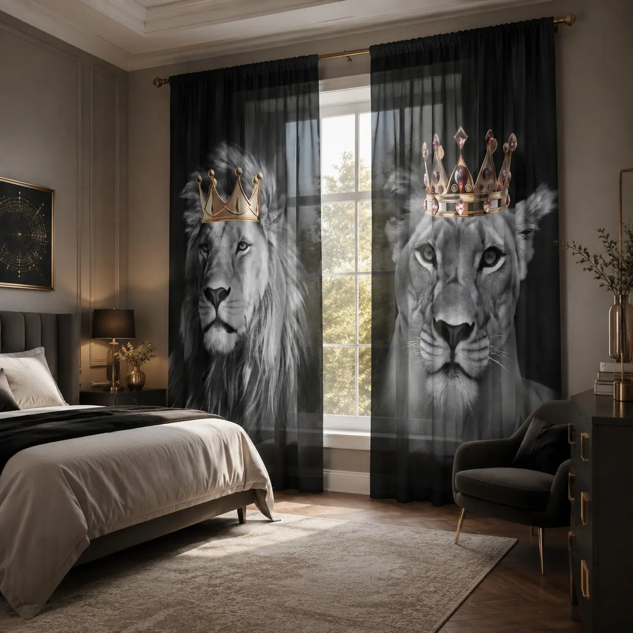 Luxurious Lion King and Queen Curtains, Window Curtain, Background, Crown Print, Semi-Transparent, for Bedroom, Living Room, Hotel