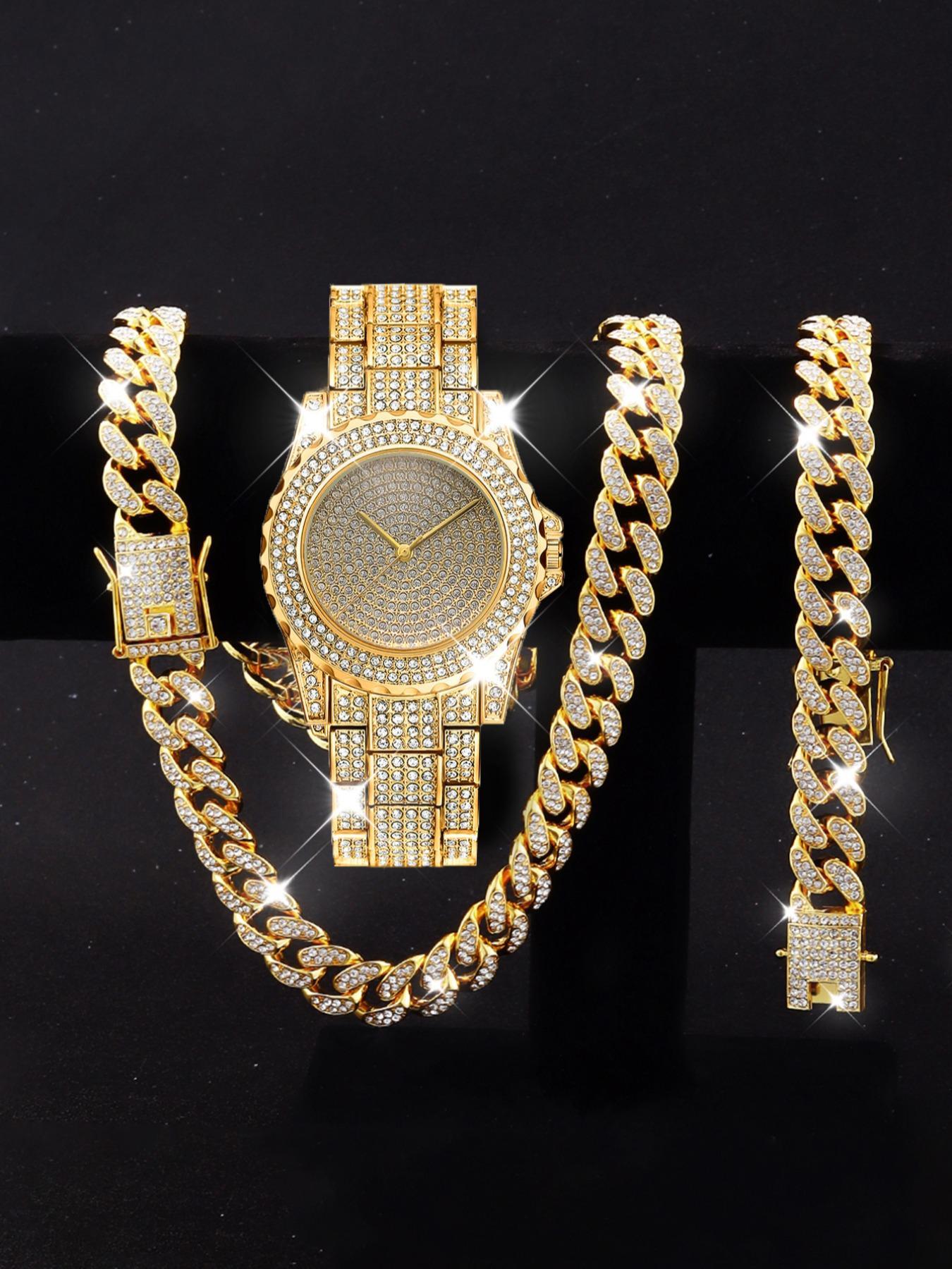 Men's Luxury Rhinestone Decorated Watch & Jewelry Set, Including Round Dial Analog Quartz Watch & Cuban Chain Bracelet & Necklace, Fashion Watch Set for Party, Daily Decor, Exquisite Watch Set for Gift