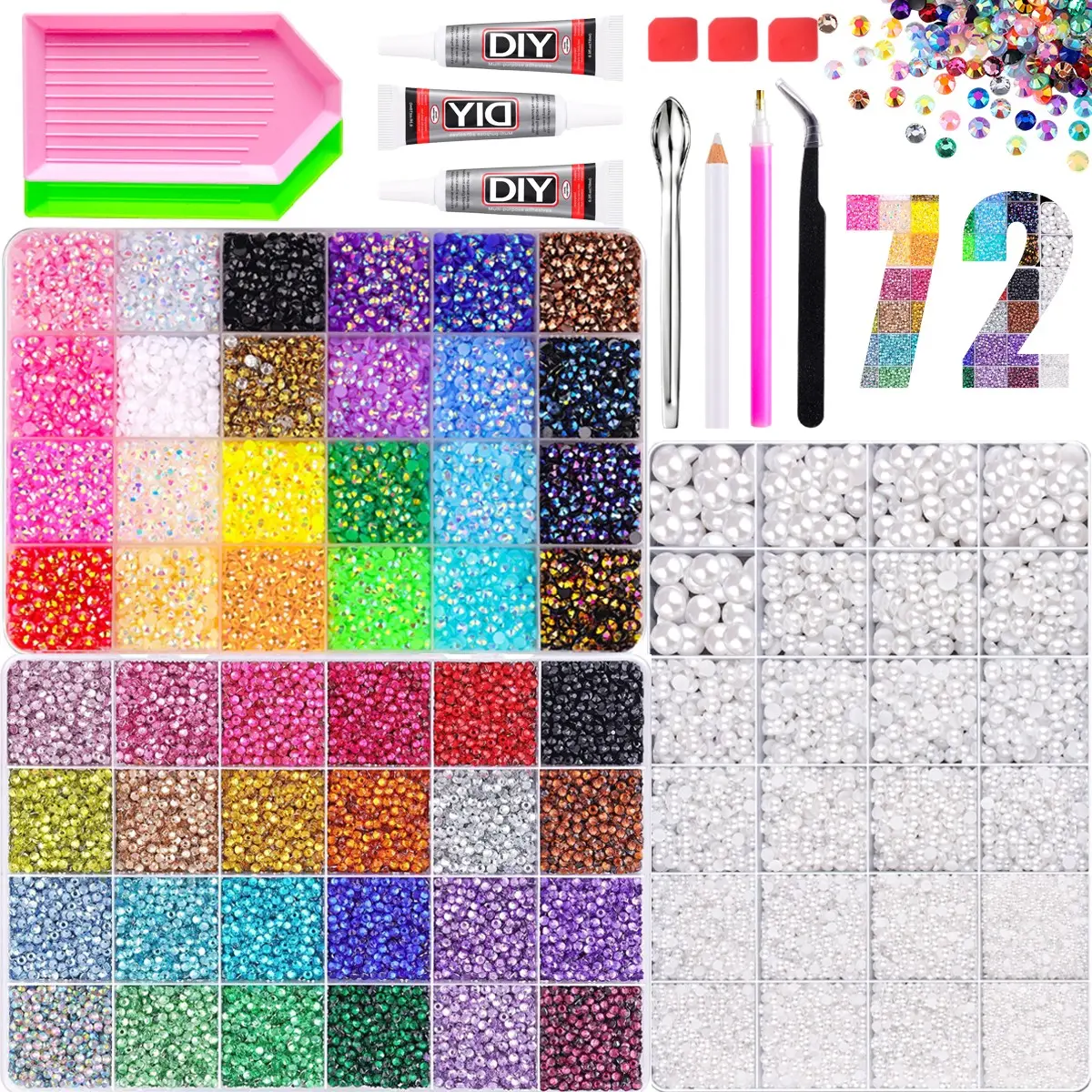 72 Colors Flatback Rhinestones & White Half Pearls Kit, Full DIY Tools  , AB Crystals & Half Round Pearls for Tumbler, Nail Art, Resin Crafts Embellishments。Halloween Christmas Birthday Gifts for Women。mid year sale,deals for you。christmasinjuly。Bling Kit