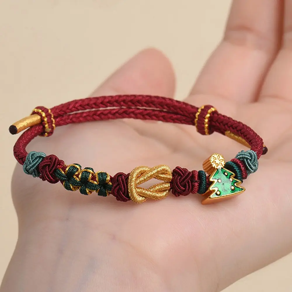 Women's Adjustable 1pc Christmas Tree Charm Braided Rope Bracelet, Handmade Woven Polyamide Blend String Wristband, Xmas Holiday Costume Jewelry Gift