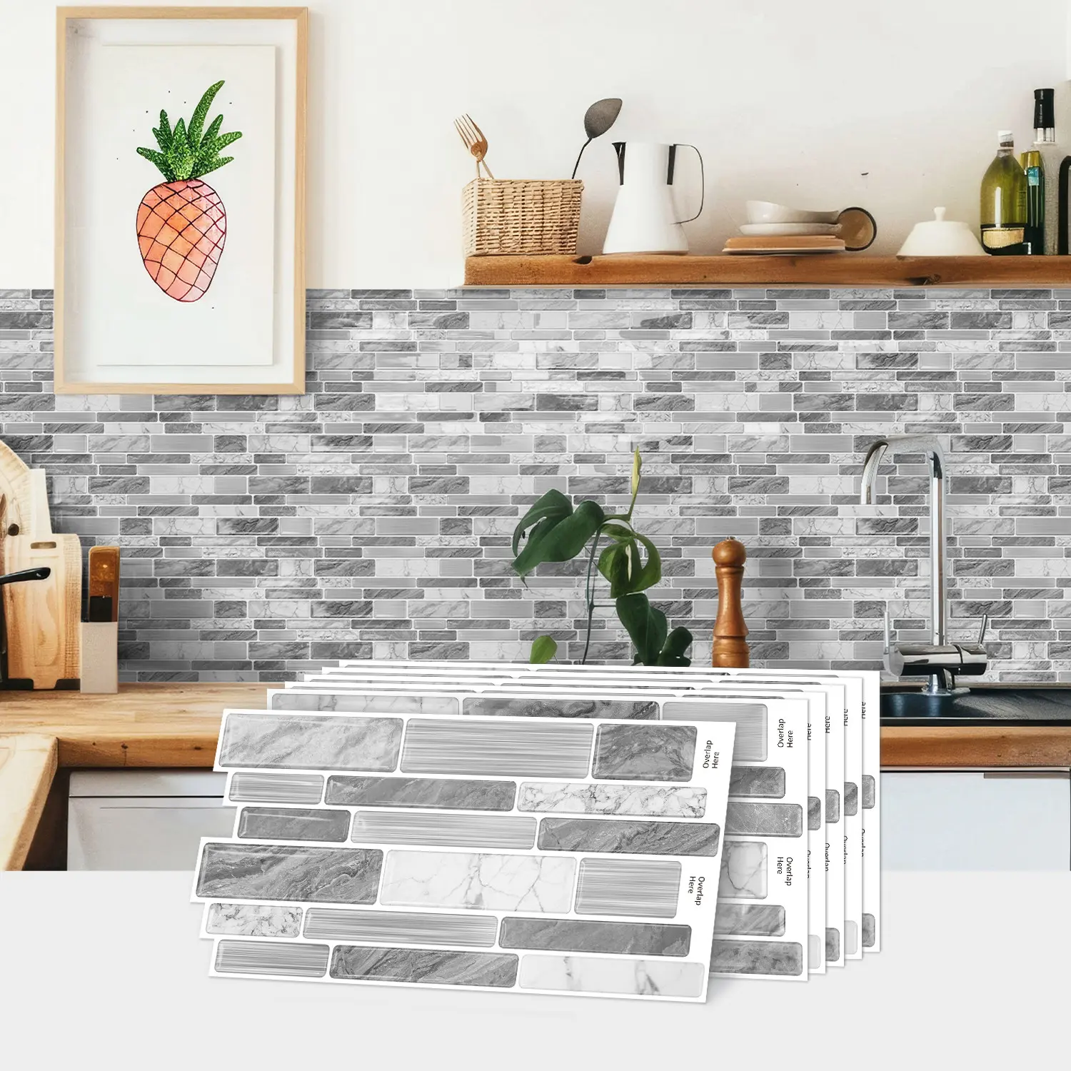 10pcs 3D Marble Pattern Self-Adhesive Wall Stickers, PVC Material, Waterproof & Removable, Kitchen & Bathroom Decor, 9.69x4.72 Inches
