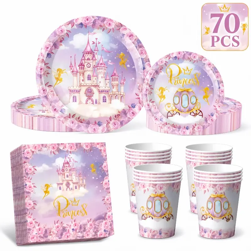 70pcs Princess Castle Party Disposable Cutlery Set, Includes Plates, Dessert Dishes, Cups, Napkins, Perfect for Parties, 20 People