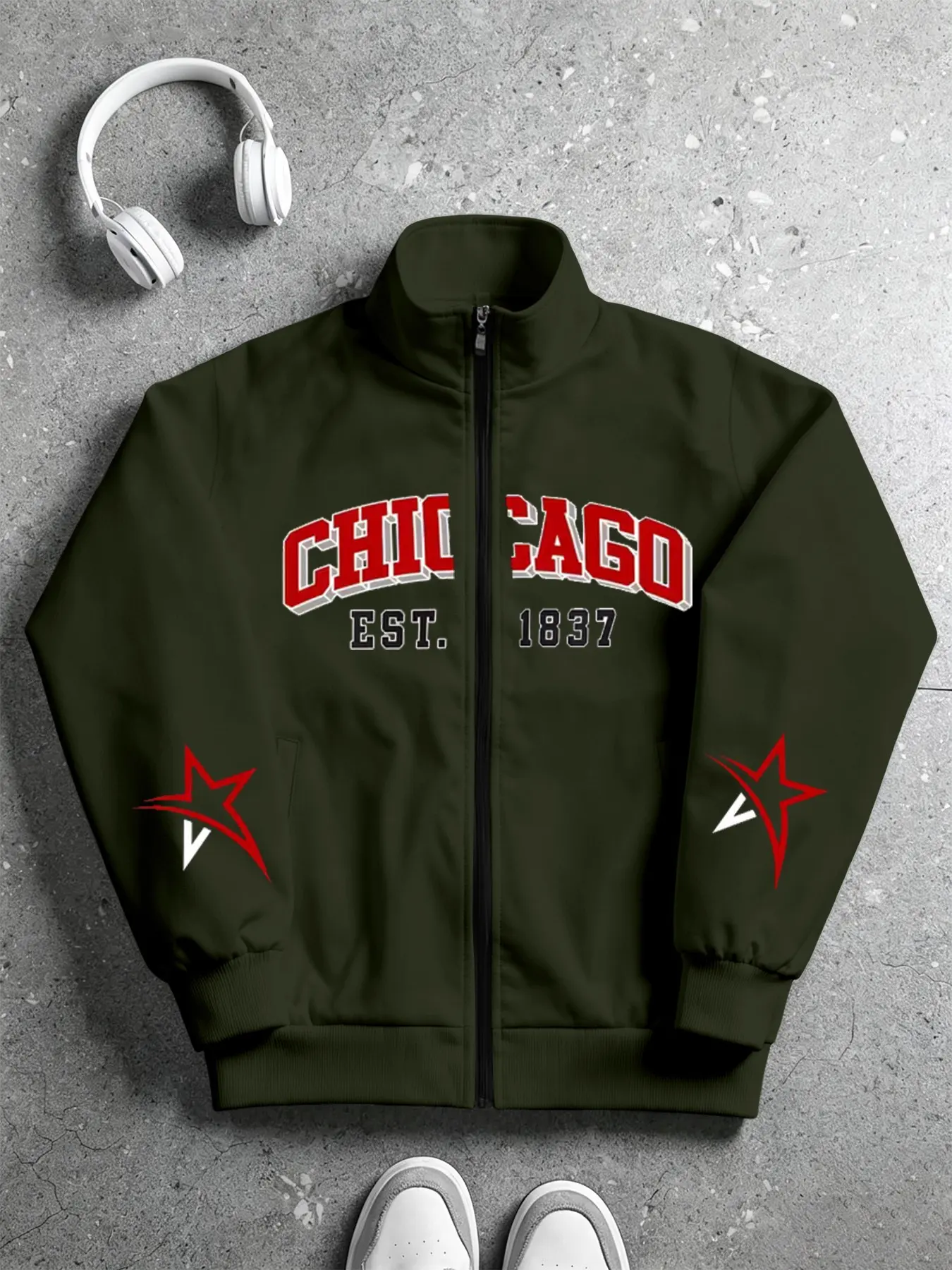 American Vintage Chicago Letter Stand Collar Zipper Jacket for Men, High Street Star Print Loose Sport Open Front Coat, All Seasons Outerwear
