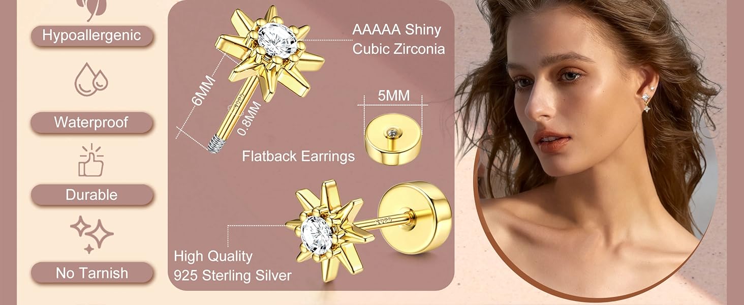 ZELORES  1Pair Gold Plated Flat Back Earrings for Women Silver Post Stud Earrings for Multiple Piercing Small Dainty Helix Tragus Cartilage Stud Trendy Flat back Stud Earrings