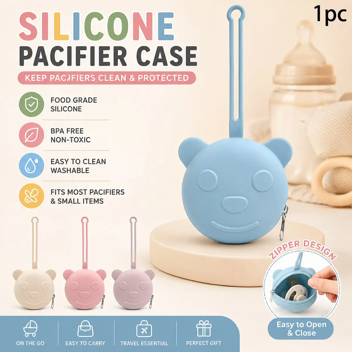 Portable silicone pacifier bag, pacifier storage box for Newborn Infant, can be used as a stroller accessory, diaper bag, backpack ornament, suitable for outdoor travel, stroller hanging bag, handbag, coin and key dustproof storage bag.