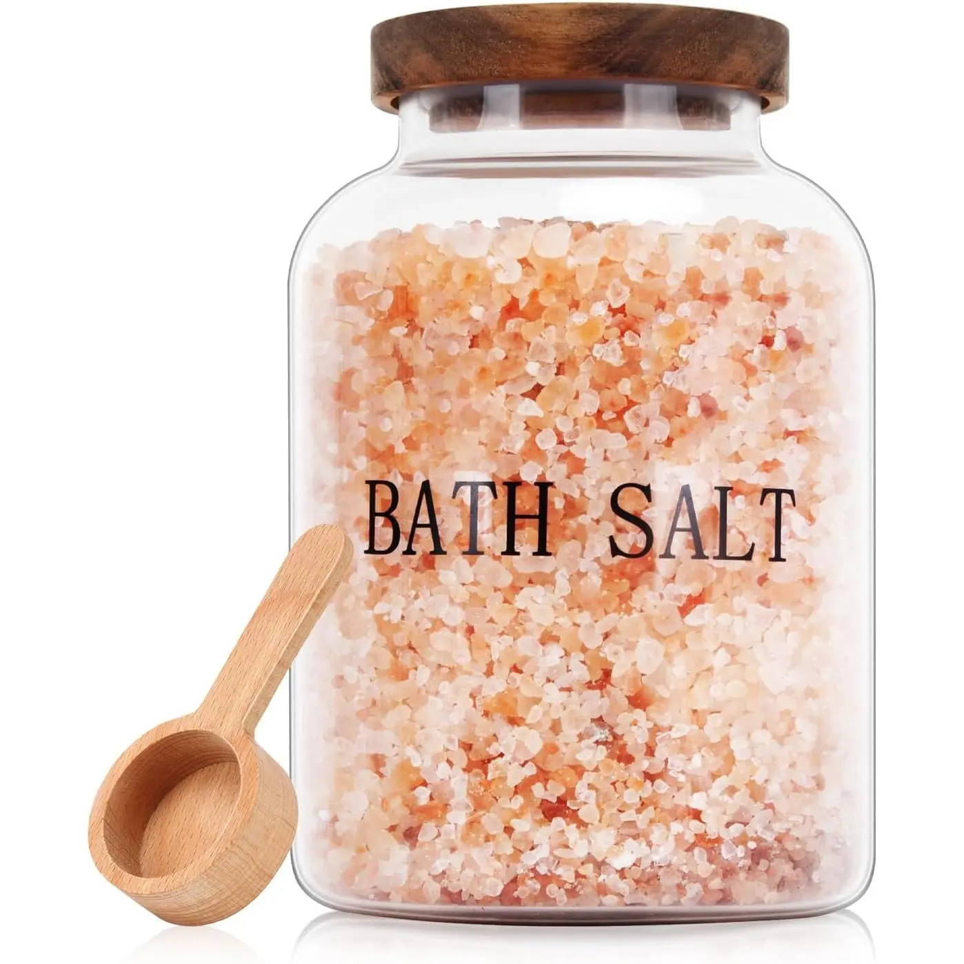 74 oz Glass Bath Salt Container with Wooden Lid and Scoop - Home Organizer Storage Jar for Bathroom, Decoration, Women's Bathtub Accessories