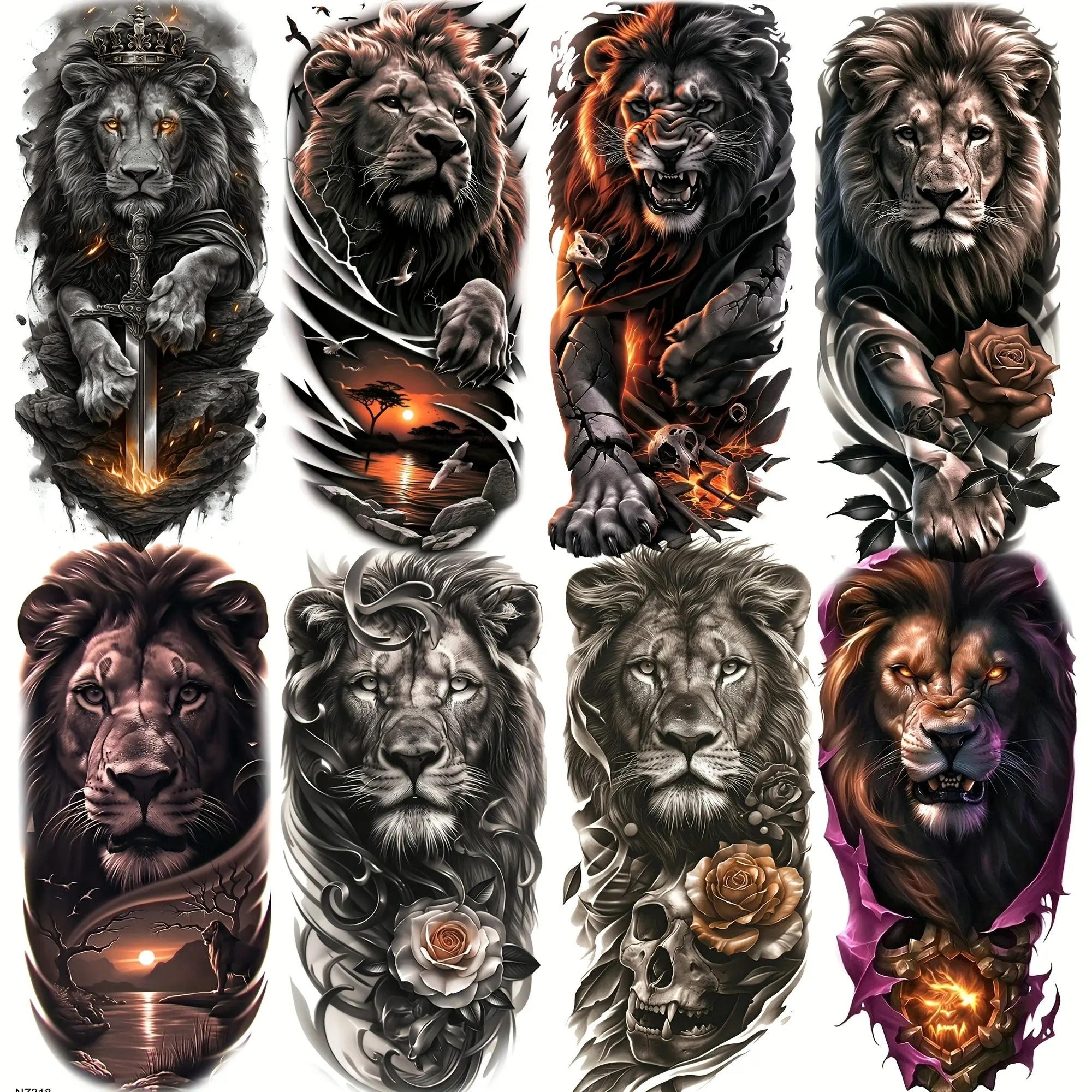 8pcs Realistic 3D Lion & Skull Temporary Tattoos, Sticker Tattoos, Waterproof, Long Lasting, for Men Women Adults, Festival, Gifts, Thigh, Arm, Leg Tattoos