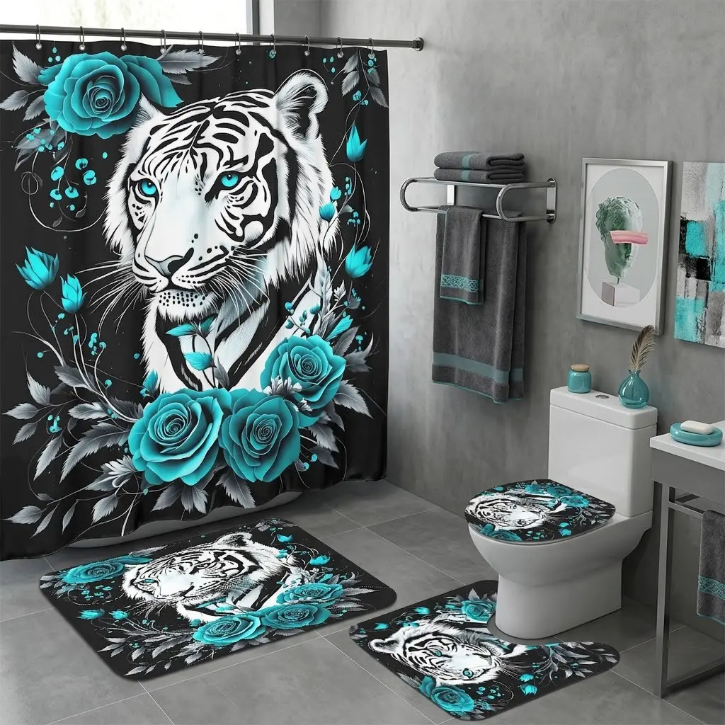 4pcs Tiger Bathroom Accessory Set, Vibrant Roses, Shower Curtain, Toilet Seat Cover, Bath Mats, Modern Home Decor
