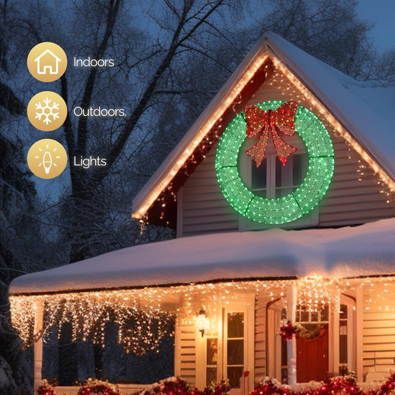 30-50cm Pre-Lit Outdoor Christmas Wreath Decoration with 400 Warm White LED Lights Timer Remote Control Green Red Bow for Home Exterior Garden