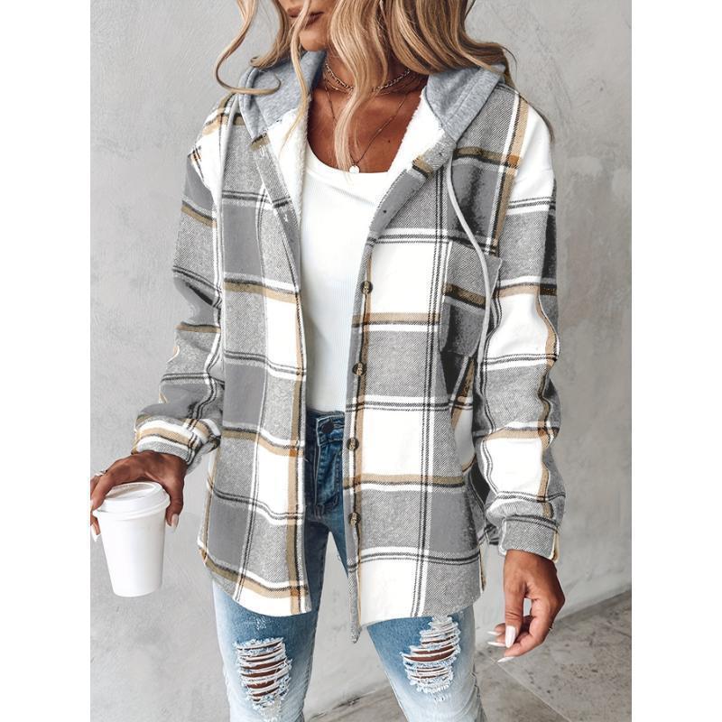[Plaid Shacket] Warm Plaid Long Sleeve Shacket - Button Fleece Lined Hooded Jackets Coat Fabric Womenswear Polyester Tops..
