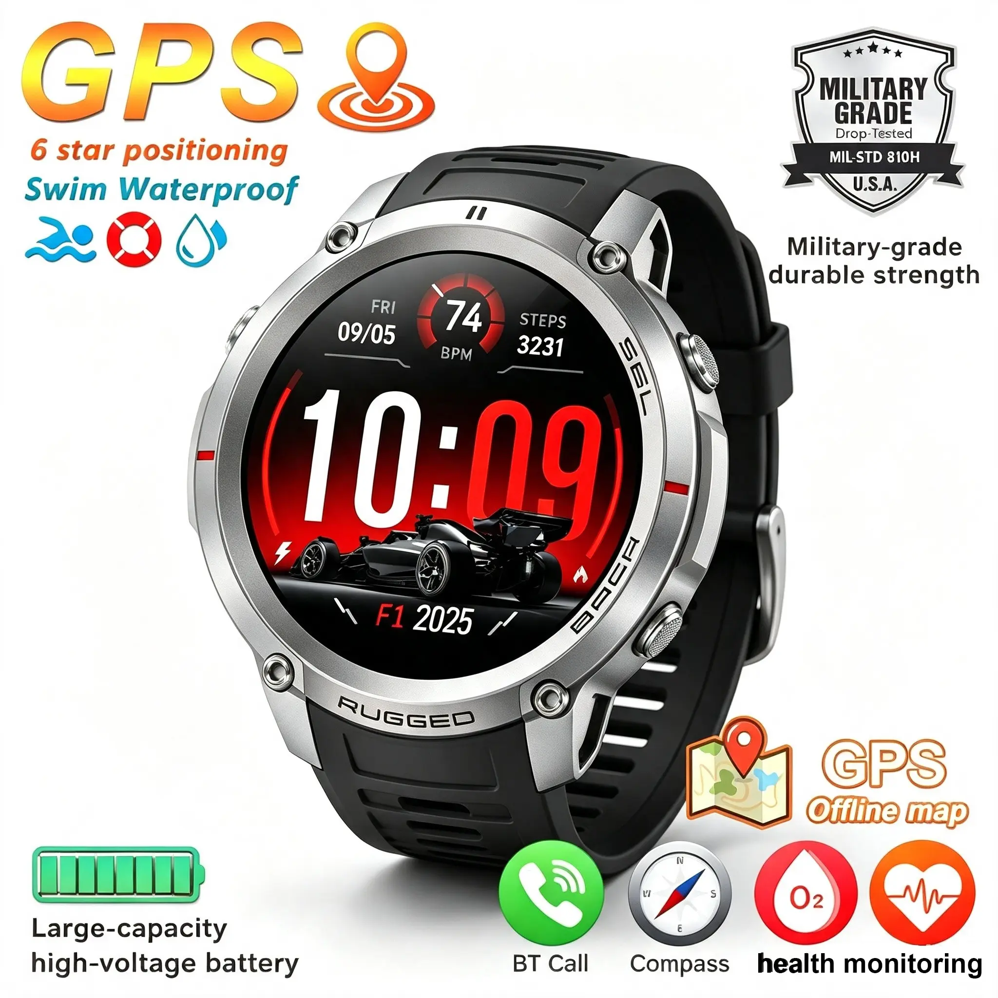New Global Six Satellite GPS Smartwatch Positioning Navigation 1.43 Inch HD AMOLED Screen Men Outdoor  Military Grade Waterproof Smart Watch