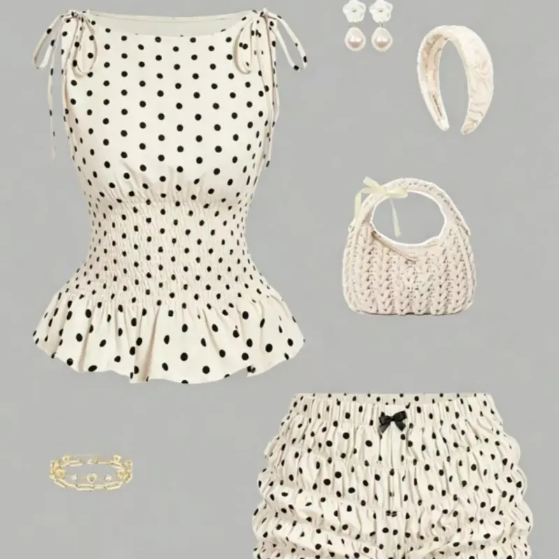 2-Piece Summer Women's Polka Dot Halter Neck Crop Top and Shorts Set, Slim-Fitting Casual Holiday Beach Party Suit for Ladies Beach Outfit Set