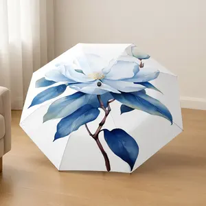 1pc Blue Magnolia Flower Automatic Folding Umbrella, Lightweight Compact Travel Umbrella, 8-Rib Strong Frame, Unisex, Easy to Use, Portable Outdoor Accessory