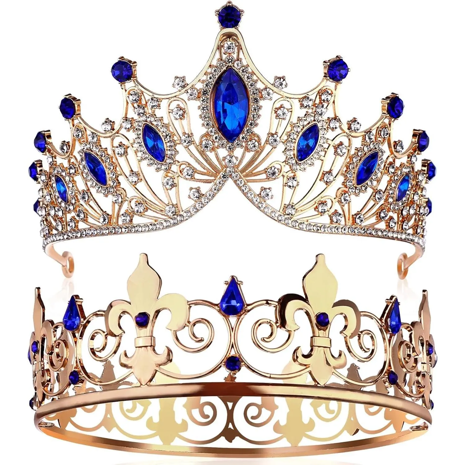 2 Pcs King and Queen Crowns Set King Crowns for Men Royal Crown with Blue Rhinestone Crystal Crowns for Women Crown Tiara Costume Headwear for Wedding Halloween Homecoming Party Decorations
