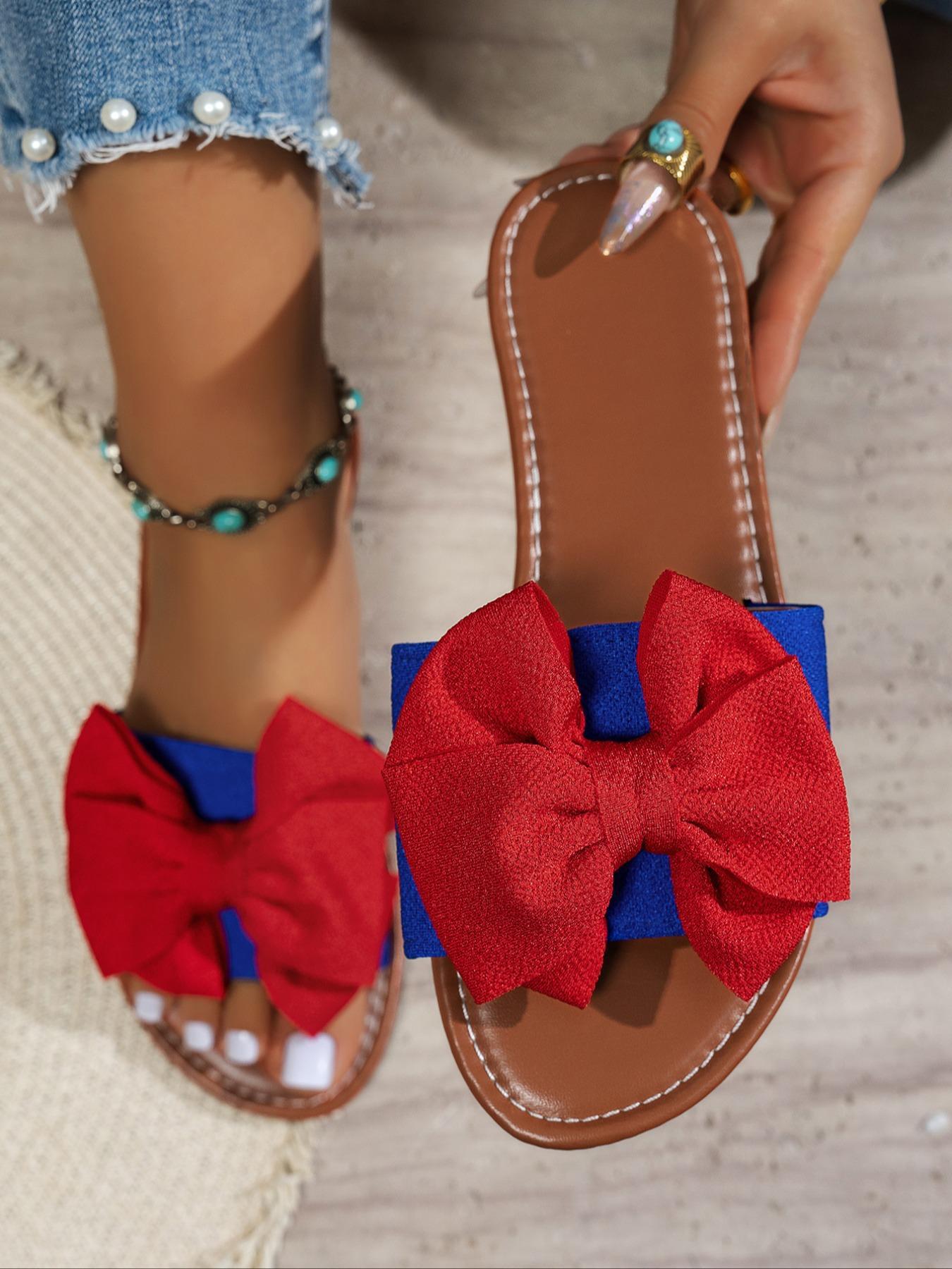 Women's Bow Decorated Slip on Flat Sandals, Boho Style Sandal, Simple Plain Lightweight Non-slip Sandals for Summer, Casual Home Sandals for Outdoor Beach