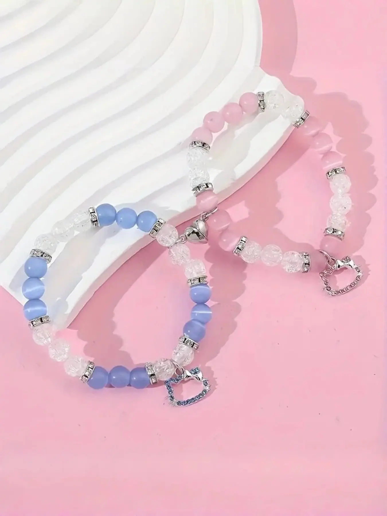 Magnetic Heart Cartoon Cat Couple Bracelet, Natural Cat Eye Stone Beaded Pendant, Fashion Gift Set for Valentine's Day, Christmas, Birthday, Couples Bracelets