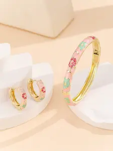 2Pcs Cloisonne Enamel Jewelry Set for Women Flower Star Gold Plated Brass Hinged Bangle Bracelet Huggie Hoop Earrings Coquette Style Retro Aesthetic Jewelry Gift