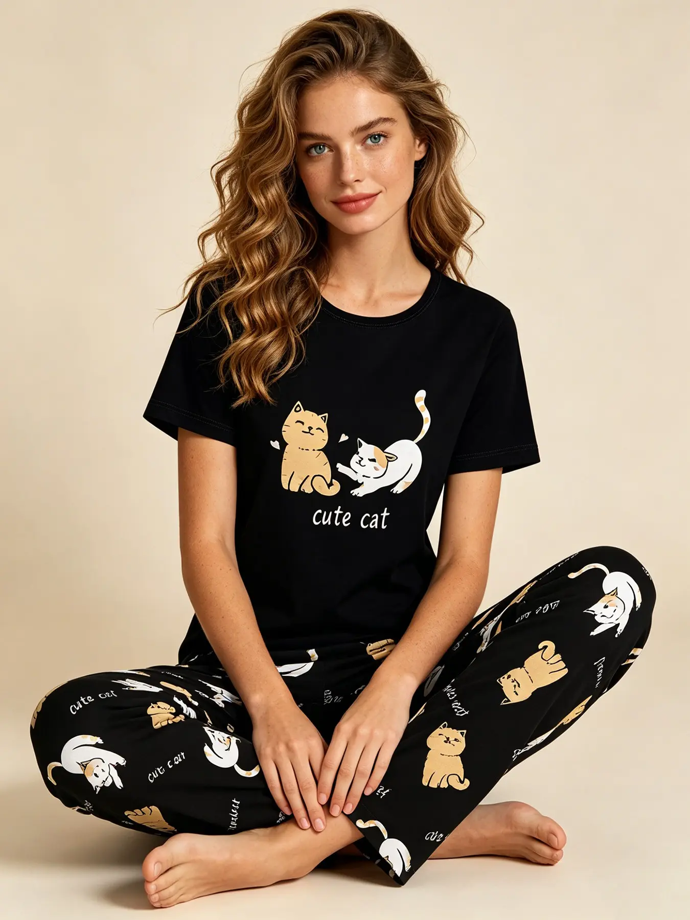 Women's Crew Neck Short Sleeve Top & Long Pants Pajama Set, Casual Home Loungewear, Spring Summer Wearable, Black Cute Cat Print, Cartoon Print Sleepwear, Lazy Relaxed Style, Loose Fit for Daily Home & Skin Care Time, Cute Pajama Sets