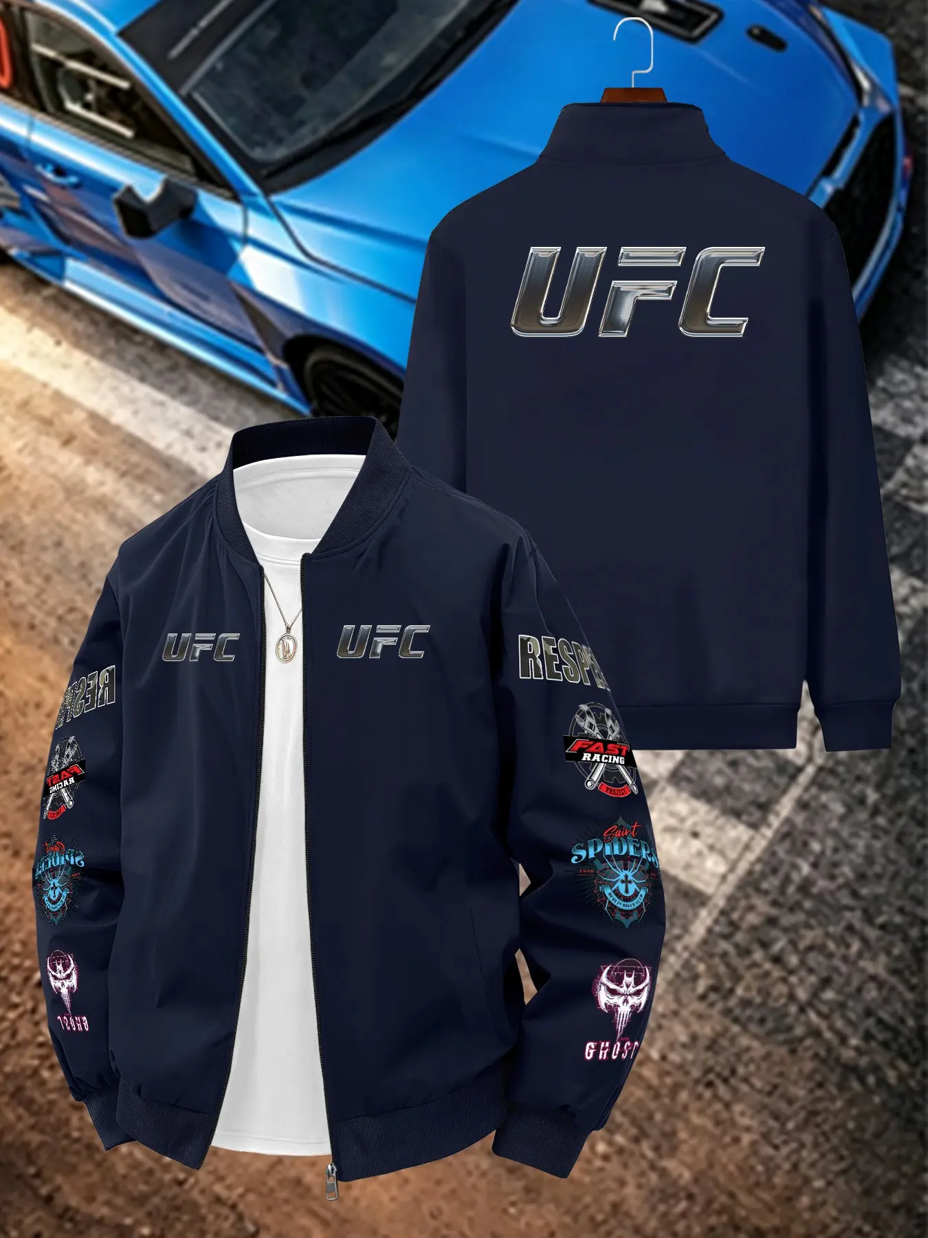 Ufc Ufo Theme Print Men's Casual Jacket, Long Sleeve Slim Fit, Geometric Pattern, All Seasons Wear