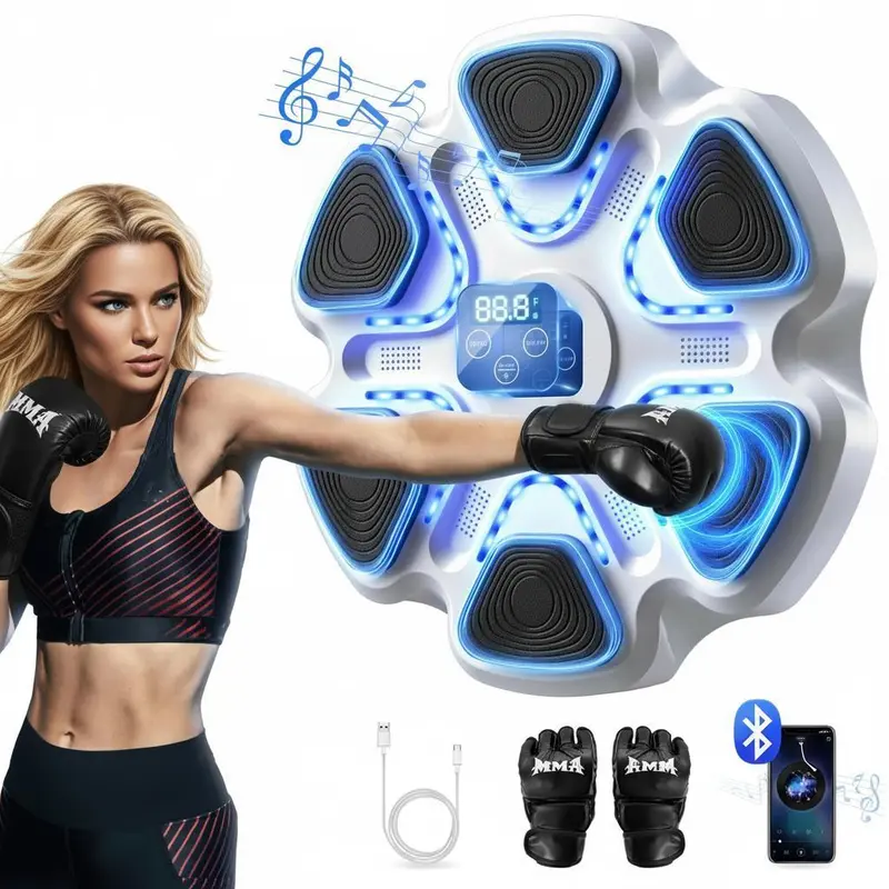 Wall Mount Music Boxing Machine - Adjustable Height Compact Smart Training Equipment, A Set(Have Boxing Gloves)) with 2 Velcro Straps, 9 speeds, Bluetooth Music Playback, LED Display, fits rooms & offices, for Adults (W-Blue)