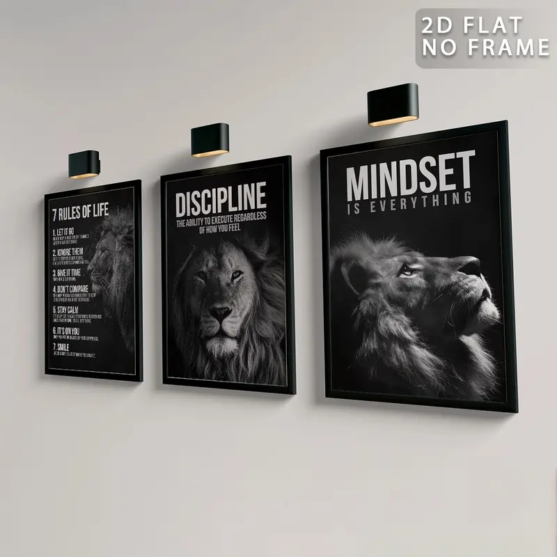 3Pcs/Set Unframed Modern Inspirational Lion Canvas Poster, 7 Rules of Life and Mindset Quotes Wall Art, Motivational Wall Art For Home Office, Living Room, Bedroom, Above Bed Wall Decor, Home Decor, Waterproof Artwork, For Gift