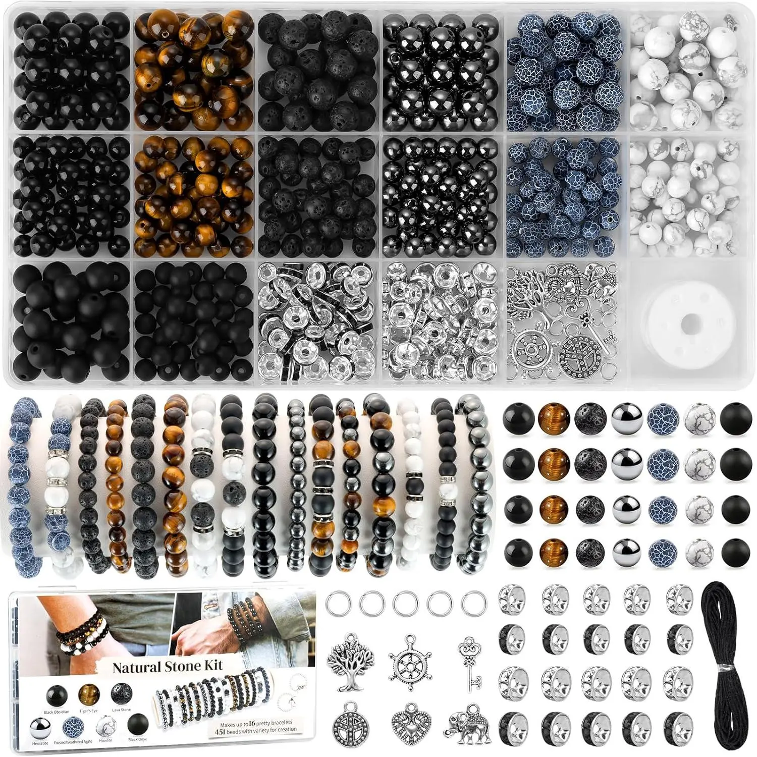 467 count 6/8mm  Stone Beads, Round  Bead Genuine Real Stones,  Beads Kit with Spacer Bead Charms for Bracelets  Making (14 Colors)
