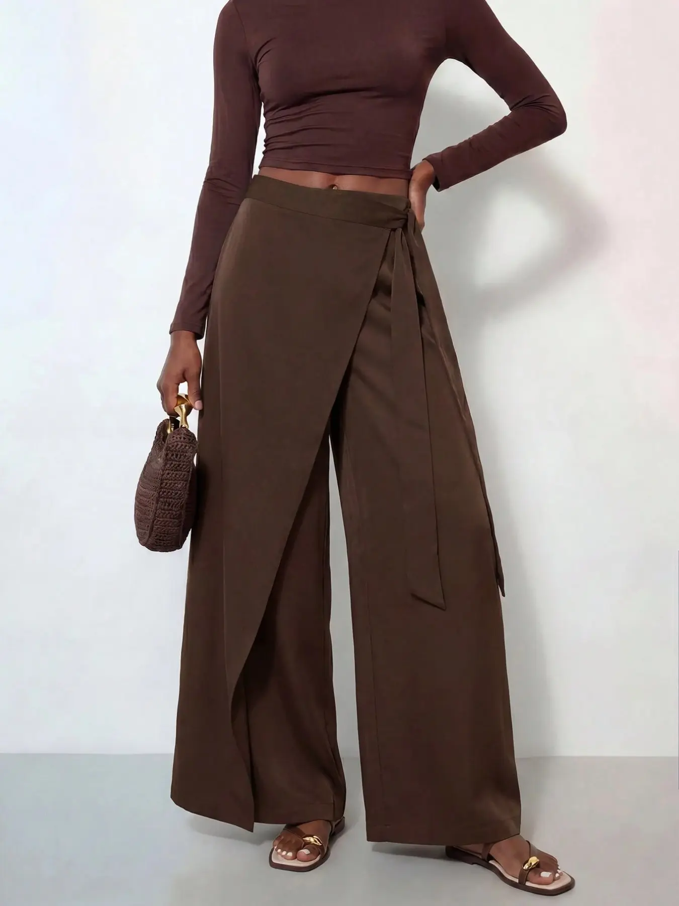 1PC Women's Wide Leg Pants｜High Waist Wrap Front Trousers with Tie Waist and Asymmetrical Overlay｜Women's Casual Chic Vacation Office Streetwear