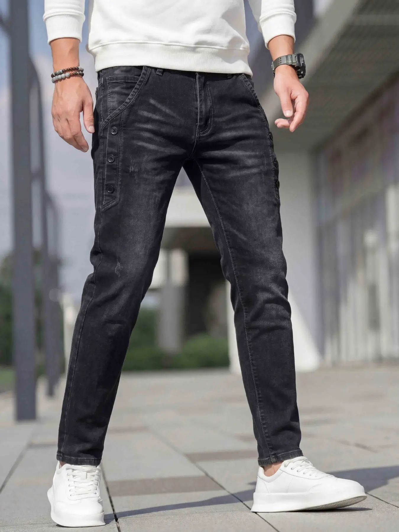 Men's Elastic Jeans, Distressed Slim Fit, Scratch Process, Washed Gradient Denim, Stretch Denim Jeans, Ideal Gift for Friends, All Seasons Casual Style