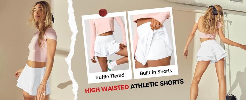 Danedvi Womens High Waisted Athletic Shorts Ruffle Tiered Running Workout Tennis Shorts with Build in Shorts