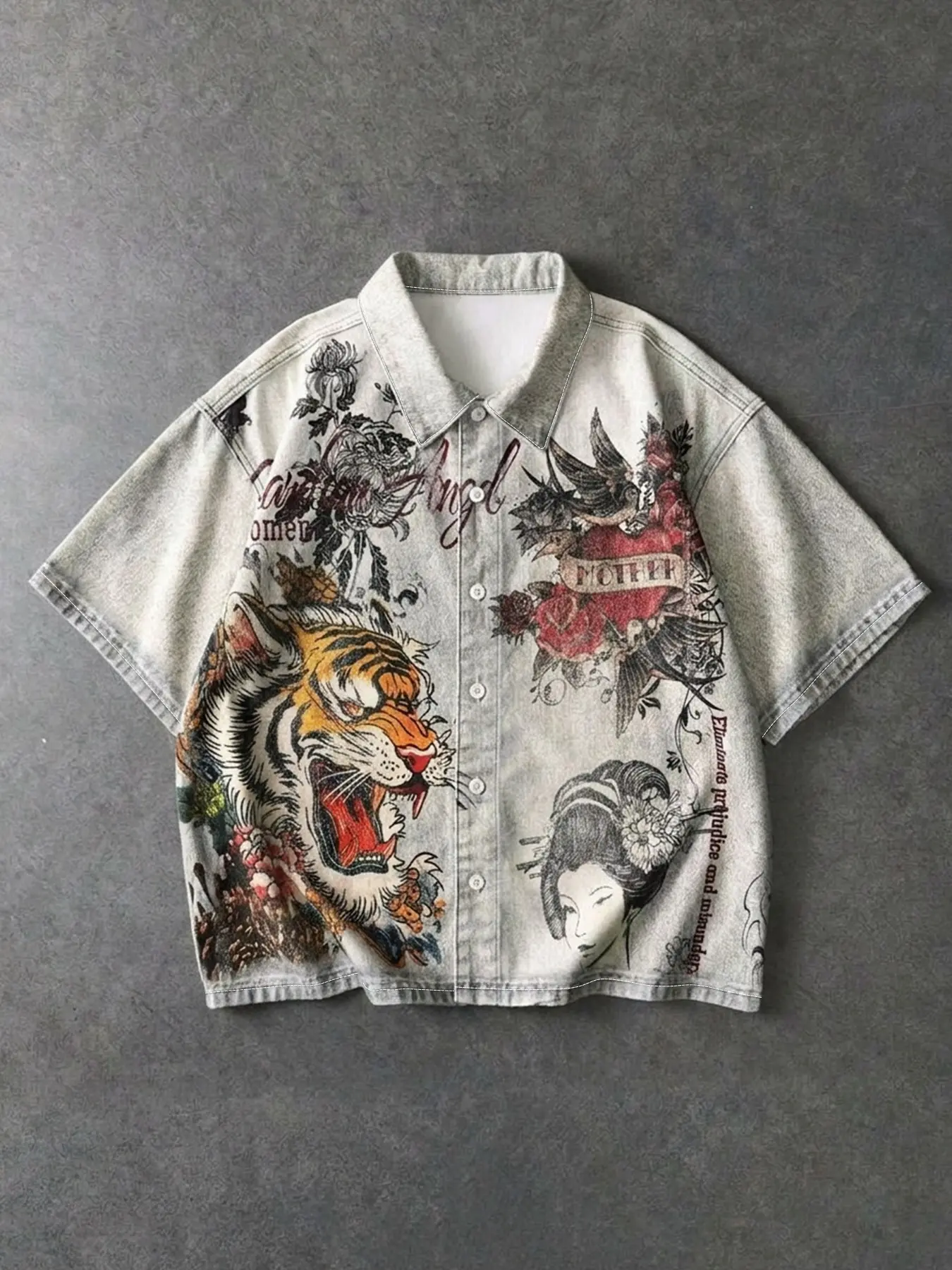 Men's Trendy Faux Denim Camp Collar Shirt, Lightweight Casual Streetwear Top with Tiger & Geisha Tattoo Print, Vintage Y2K Loose Button-Down Blouse Perfect For Daily Wear, School Outfits, Vacations, Parties, Gatherings And Casual Summer Styling
