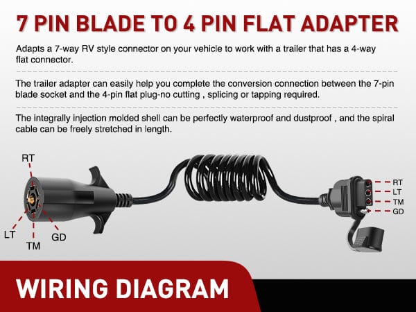 Nillight 5ft 7 Way to 4 Way Coiled Trailer Extension Wiring Harness