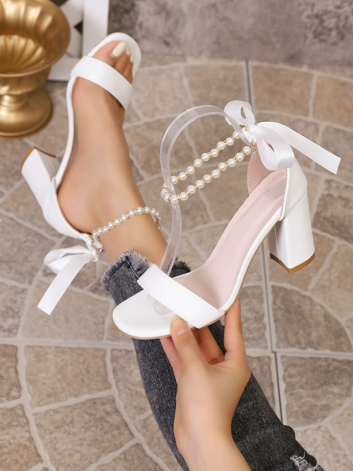 Korean Style Pearl Heeled Sandals, Smooth Leather, Detachable Pearl Anklet, Bowknot Ribbon, Elegant High Heels for Daily Wear, Weddings, Parties