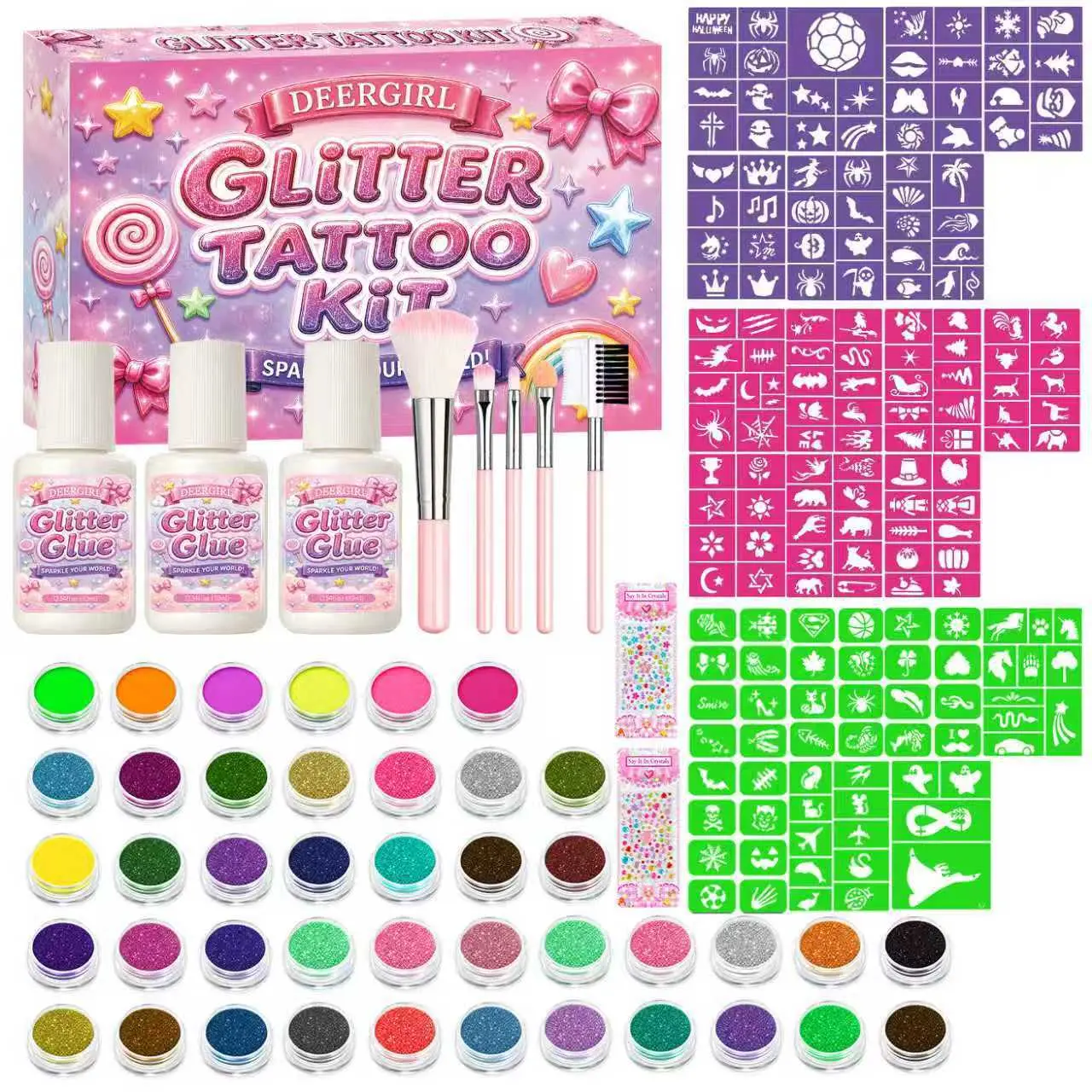 **Deergirl Glitter Tattoo Kit, 30 Vibrant Glitter Colors, Rich Theme Stencils, Complete Accessory Set, DIY Sparkly Temporary Tattoo For Kids Art Craft Gift**  >