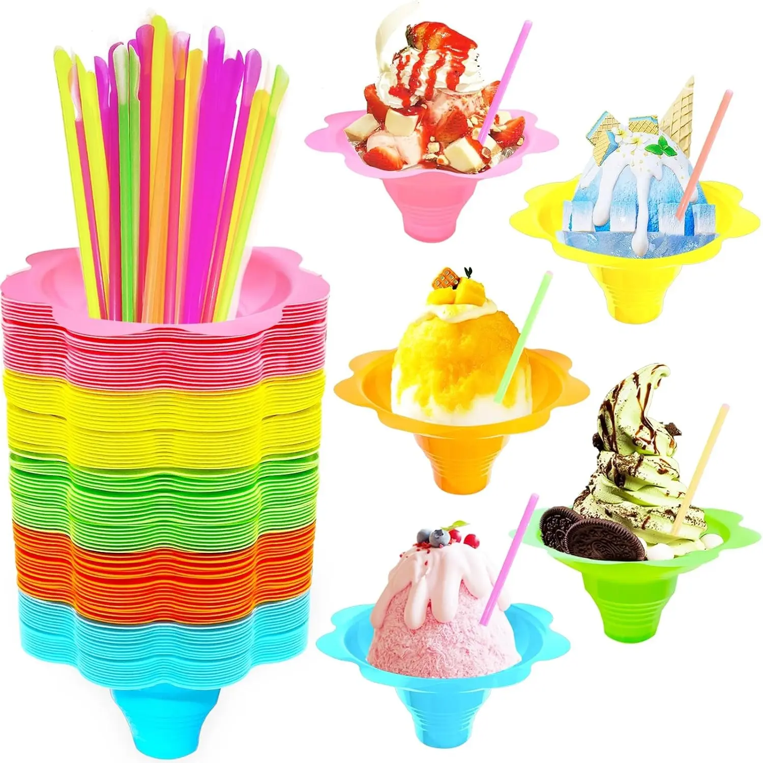 200PCS 4oz Colorful Snow Cone Cups Set with 100Pcs Spoon Straws & 100Pcs Cups, Reusable Plastic Flower Shaved Ice Snack Ice Cream Bowls for Birthday Party Holiday Summer