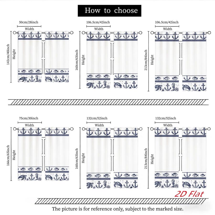 2Pcs Nautical Marine Ocean Anchor Turtle Fish Seahorse Sun Blocking Curtains Digital Printed Rod Pocket, Window Treatment For Bedroom Office Kitchen Living Room Study Home Decor