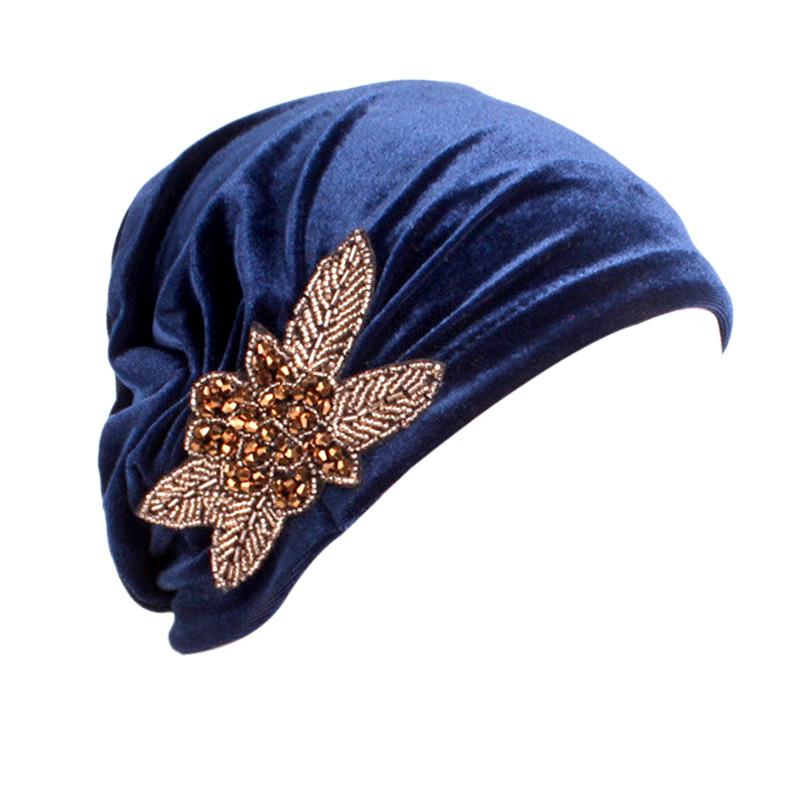 Velvet Pleated Turban Hat with Beaded Flower, Soft Hair Loss Bonnet for Women