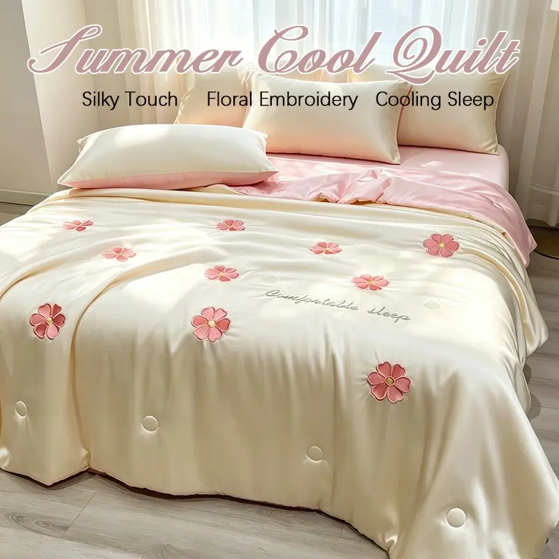 Peach Floral Embroidered Summer Quilt, Lightweight Cool Air Conditioning Blanket, Breathable Sweat-Wicking, Soft Single Layer, Home & Travel Use Cooling Quilt