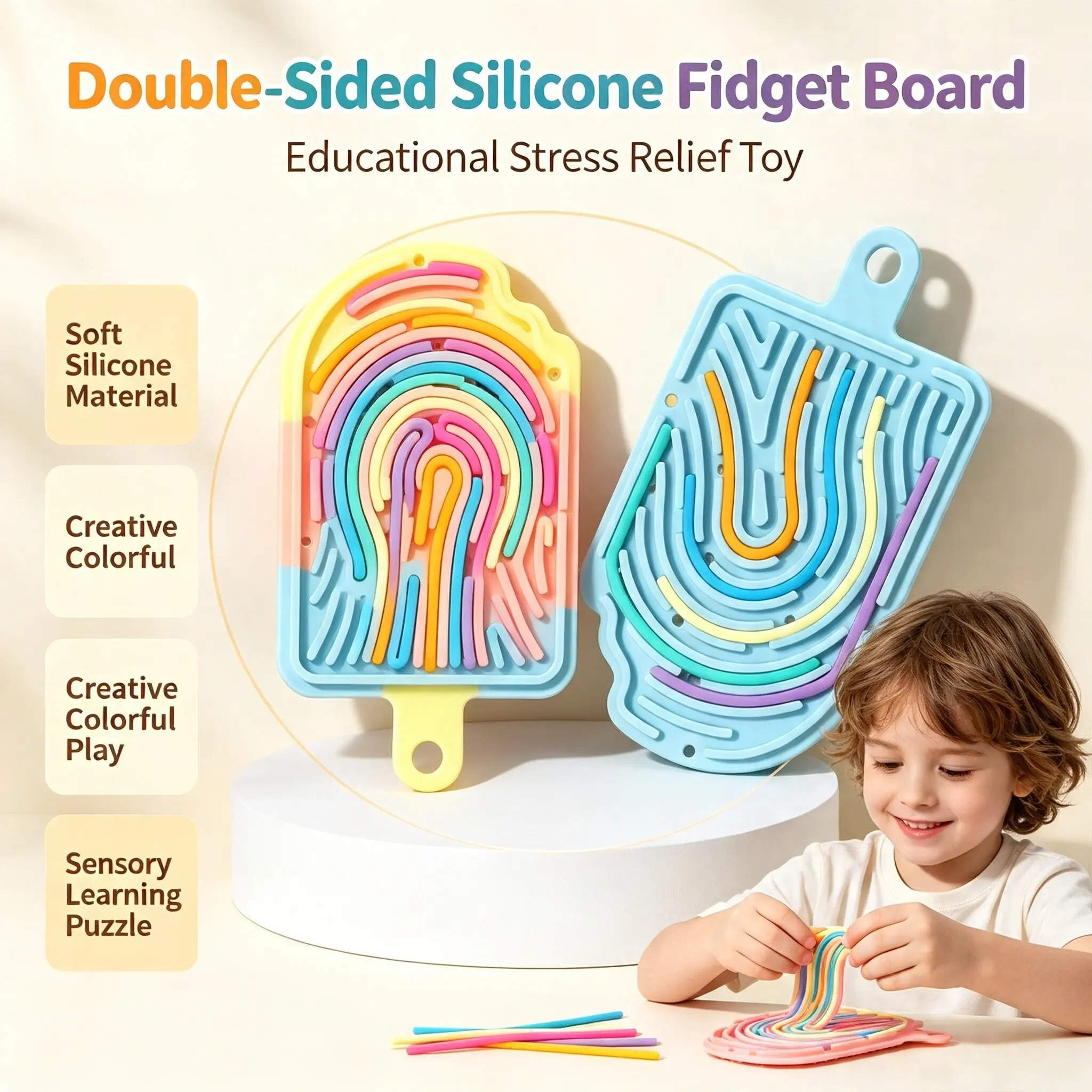 Double-Sided Silicone Fidget Sensory Board, Anxiety Relief Educational Puzzle Toy, Multi Shapes Ice Cream/Cube/Cloud, Perfect Holiday Gift for Halloween & Christmas