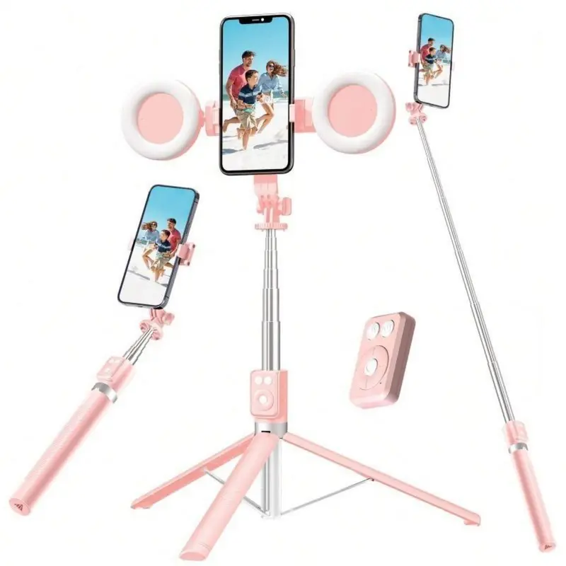 67Inch Aluminum Alloy Phone Selfie Stick with 2 Fill Light, Multifunctional Remote Control Selfie Stick, Live Streaming Tripod for Mobile Phone, Tripod Stand for Vlogging, Gimbal, Photography, Camera Cellphone Smartphone Black tripod ring light moving