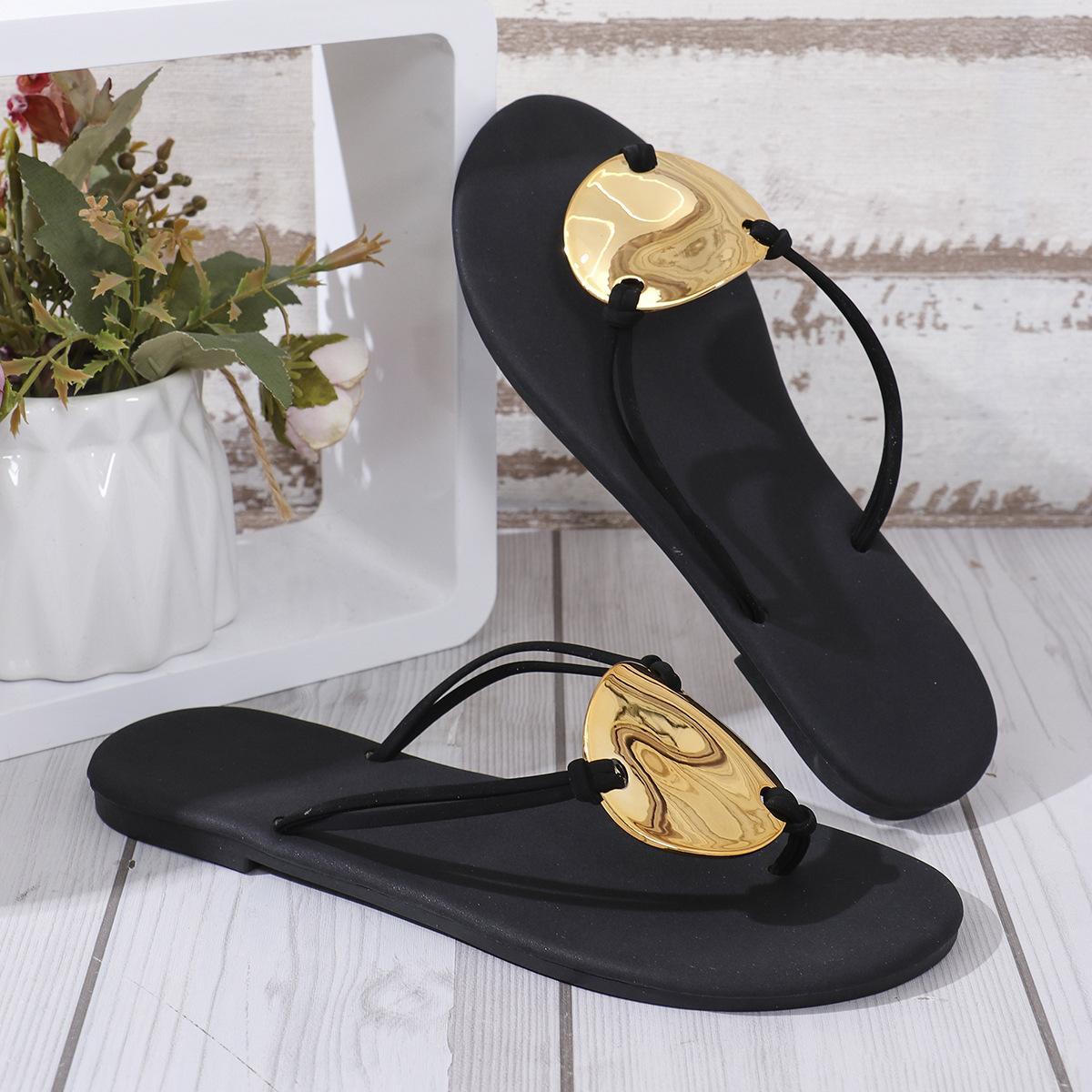 Women's New Metal Buckle Thong Sandals, Plus Size Summer Beach Chunky Heel Slide Sandals