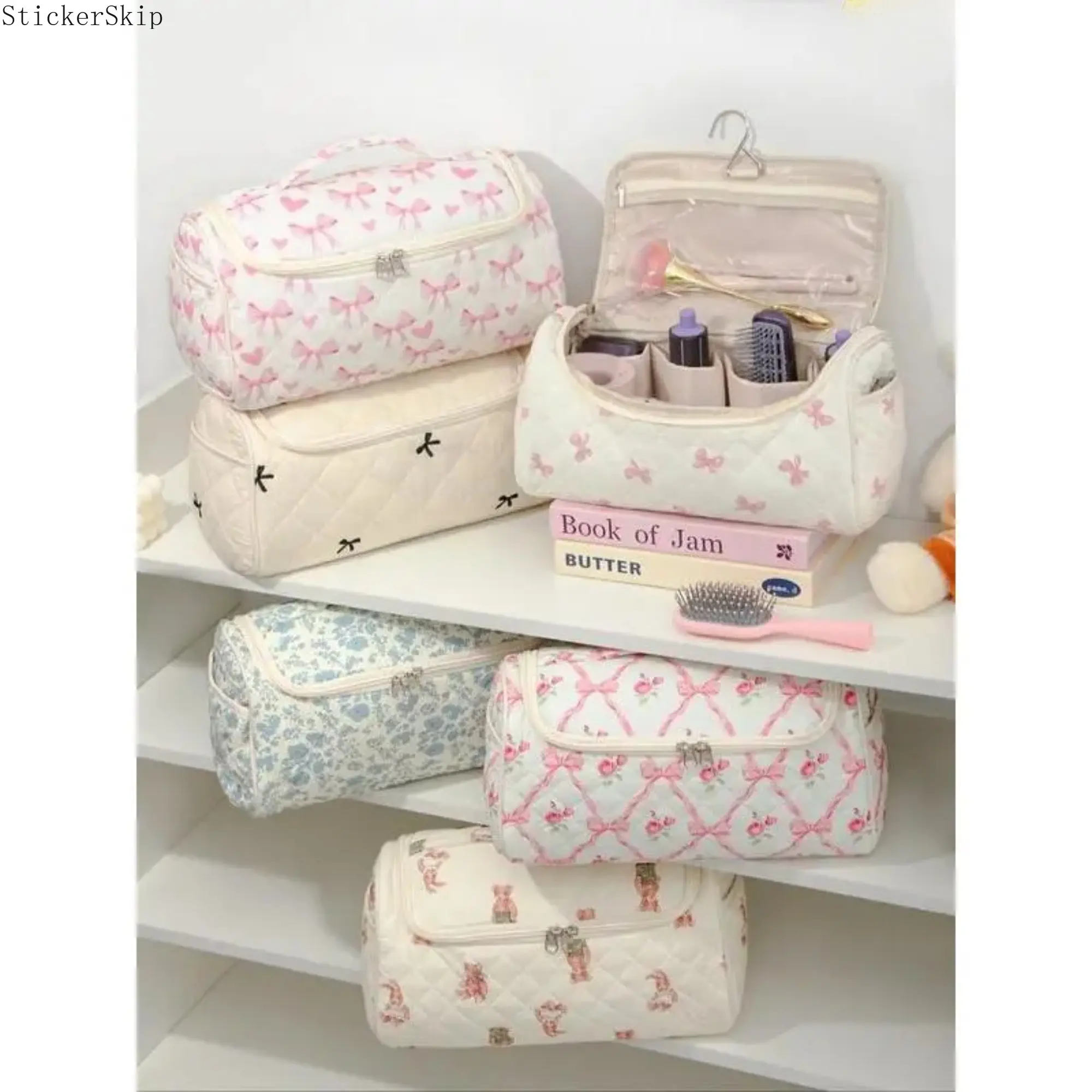 Women’s Elegant Quilted Floral Print Makeup Bag, Large Capacity Travel Organizer with Multi Pockets, Spacious Toiletry Storage Fits Hair Dryer, Lightweight Travel Accessory for All-Season Trips (Bag Only)