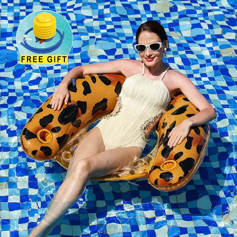 Leopard Print Pool Float Lounger with Backrest & Armrests – Aesthetic Adult Pool Hammock & Inflatable Water Chair for Summer Pool Parties