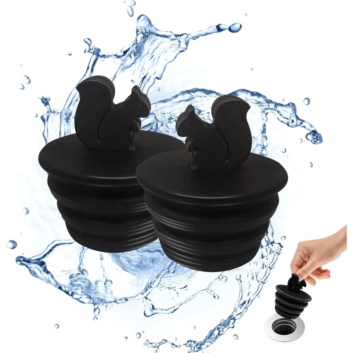 2-Pack Black Synthetic Rubber Bathtub Plug Covers - Leakproof Seal Drain Blockers with Spiral Rings for Small-Diameter Bathroom Sink, Washbasin, Kitchen Bath, Easy Installation