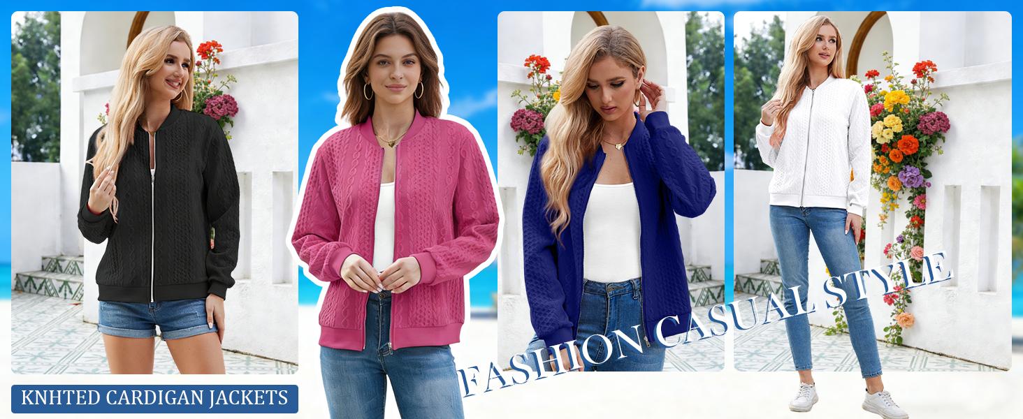 Women's Zip Up Cardigan Sweater Cable Hoodies Long Sleeve Jacket Outfits Crewneck Casual Coat